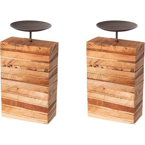 4064118112570 - Kerzenhalter CREATIV DECO beige (natur) B1000cm H1650cm T600cm Holzwerkstoff Kerzenhalter mit massivem Holzfuß 2er Set Höhe ca 16 cm