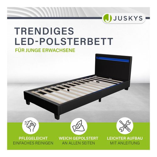 4260565525028 - Polsterbett Verona – Bettgestell mit LED-Beleuchtung Lattenrost & Kopfteil – Bett aus Holz & Kunstleder – Jugendbett 90 x 200 cm in Schwarz 4260565525028 - Polsterbett Verona – Bettgestell mit LED-Beleuchtung Lattenrost & Kopfteil – Bett aus Holz & Kunstleder – Jugendbett 90 x 200 cm in Schwarz