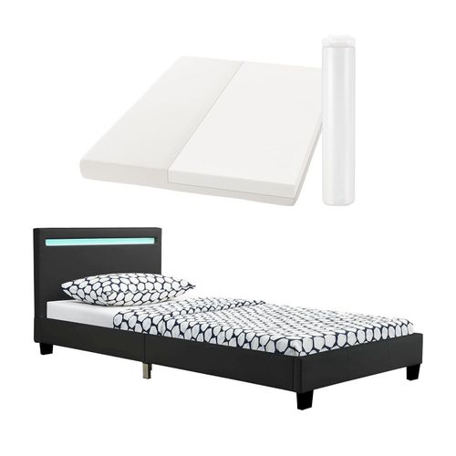 4260565525059 - Polsterbett Verona 90x200 cm schwarz mit Matratze – Einzelbett + LED-Beleuchtung Lattenrost & Kopfteil – Bett aus Holz & Kunstleder-Bezug