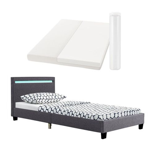 4260565525066 - Polsterbett Verona 90x200 cm grau mit Matratze – Einzelbett + LED-Beleuchtung Lattenrost & Kopfteil – Bett aus Holz & Stoff-Bezug - Juskys 4260565525066 - Polsterbett Verona 90x200 cm grau mit Matratze – Einzelbett + LED-Beleuchtung Lattenrost & Kopfteil – Bett aus Holz & Stoff-Bezug - Juskys