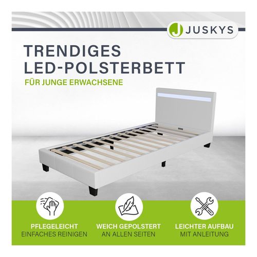 4260565525011 - Polsterbett Verona – Bettgestell mit LED-Beleuchtung Lattenrost & Kopfteil – Bett aus Holz & Kunstleder – Jugendbett 90 x 200 cm in Weiß - Juskys 4260565525011 - Polsterbett Verona – Bettgestell mit LED-Beleuchtung Lattenrost & Kopfteil – Bett aus Holz & Kunstleder – Jugendbett 90 x 200 cm in Weiß - Juskys