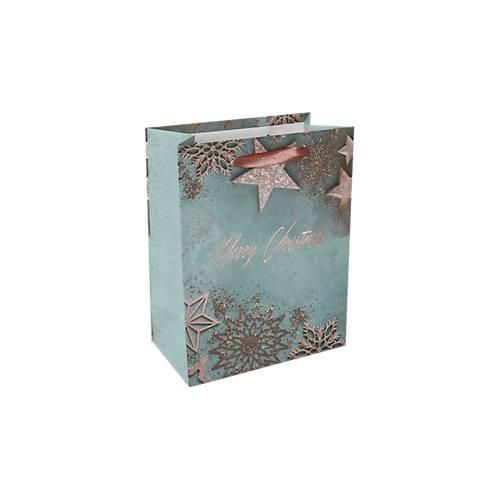 4004360769207 - Geschenktasche Glamorous Christmas Sterne Bodeneinlage Seidenbandgriffe B 180 x T 100 x H 230 mm Weißkarton Kunststoff blau-kupfer 1 Stück