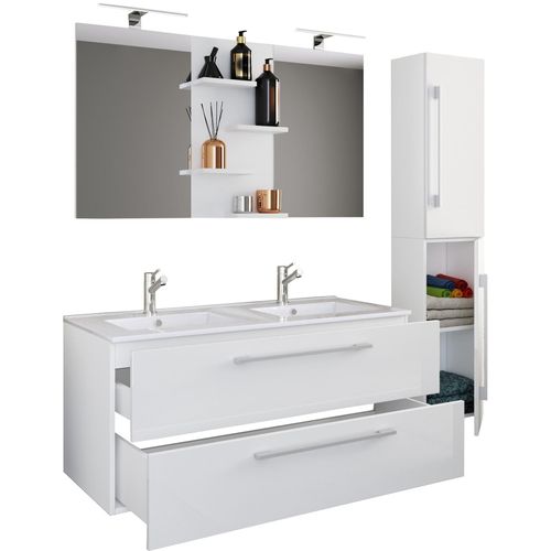 4051814411021 - 4-tlg Doppel Waschplatz 2x Waschtisch Badmöbel Set mit Unterschrank Waschbecken Hochschrank und Spiegel Doppelwaschbecken Komplettset Budasi SP 4051814411021 - 4-tlg Doppel Waschplatz 2x Waschtisch Badmöbel Set mit Unterschrank Waschbecken Hochschrank und Spiegel Doppelwaschbecken Komplettset Budasi SP