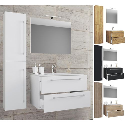 4051814436895 - 4-tlg Waschplatz Waschtisch Waschbecken Unterschrank Breite 80 cm Badmöbel Set mit Schubladen Drehtüren Spiegel Badinos 4051814436895 - 4-tlg Waschplatz Waschtisch Waschbecken Unterschrank Breite 80 cm Badmöbel Set mit Schubladen Drehtüren Spiegel Badinos