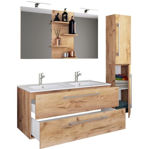 4051814411045 - 4-tlg Doppel Waschplatz 2x Waschtisch Badmöbel Set mit Unterschrank Waschbecken Hochschrank und Spiegel Doppelwaschbecken Komplettset Budasi SP