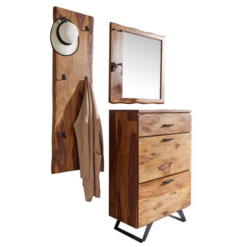 4251757710988 - Garderoben Set Holz Massiv Wandgarderobe Kommode Flurgarderobe Spiegel