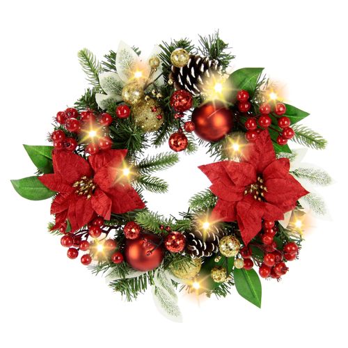 4019844797218 - Kunstkranz IGEA Adventskranz Poinsettia mit LED Lichterkette rot (rot gold) B30cm H30cm L9cm Kunststoff Kunstpflanzen Beeren Kugeln Weihnachtsstern Zapfen Zweige Weihnachtskranz Türkranz