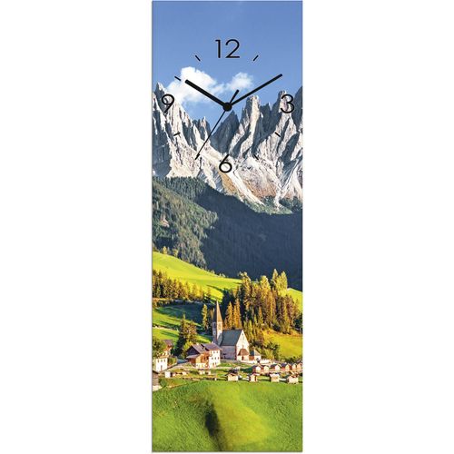 4062144604663 - Wanduhr ARTLAND Glasuhr Alpen Berge Santa Maddalena Wanduhren Gr B H T 20 cm x 60 cm x 18 cm Quarzuhr grün Wanduhren wahlweise mit Quarz- oder Funhuhrwerk lautlos ohne Tickgeräusche