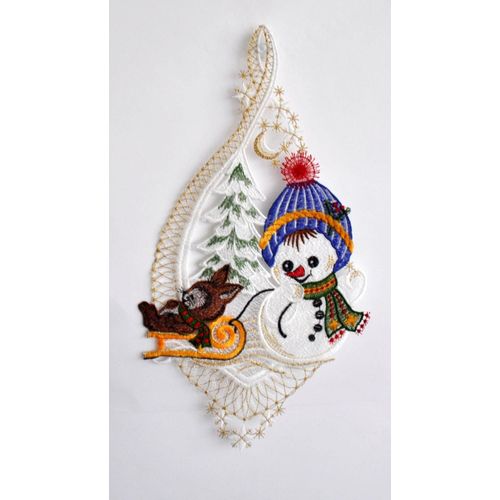 4028298295430 - Fensterbild STICKEREIEN PLAUEN Schneekind mit Hase bunt B20cm H37cm Polyester Fensterbilder