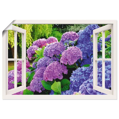 4057738335580 - Wandbild ARTLAND Fensterblick Hortensien im Garten Bilder Gr B H 70 cm x 50 cm Poster Blumen Querformat 1 St lila Bild Leinwandbild Kunstdrucke Bilder als Alubild Leinwandbild Wandaufkleber oder Poster in versch Größen