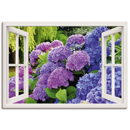 4057738334194 - Wandbild ARTLAND Fensterblick Hortensien im Garten Bilder Gr B H 130 cm x 90 cm Leinwandbild Blumen Querformat 1 St lila Bild Leinwandbild Kunstdrucke Bilder als Alubild Leinwandbild Wandaufkleber oder Poster in versch Größen
