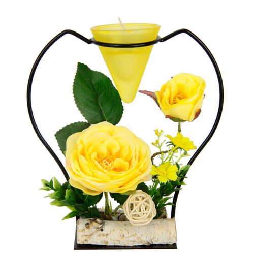 4019844787264 - Teelichthalter IGEA Rose gelb B17cm H19cm Kerzenhalter Metall Glaseinsatz Teelichtkerze Kunstblumen Kerzenständer Advent 3D