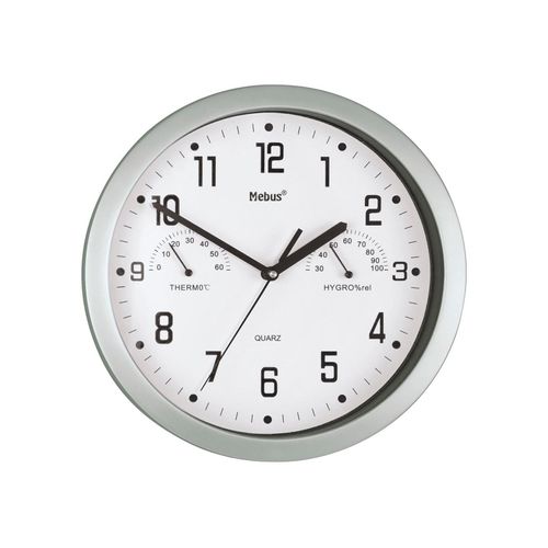 4017805069923 - Mebus - Quarz-Wanduhr analog mit Thermometer Hygrometer ohne 1x aa Batterie Ø225cm silber 4017805069923 - Mebus - Quarz-Wanduhr analog mit Thermometer Hygrometer ohne 1x aa Batterie Ø225cm silber