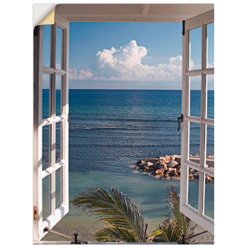 4057738292845 - Wandbild ARTLAND Fenster zum Paradies Bilder Gr B H 60 cm x 80 cm Wandaufkleber - Vinyl Fensterblick Hochformat 1 St blau Bild Metallbild Metallbilder Bilder als Alubild Leinwandbild Wandaufkleber oder Poster in versch Größen