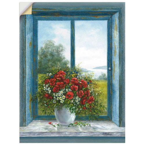 4057738232988 - Wandbild ARTLAND Mohnblumen am Fenster Bilder Gr B H 45 cm x 60 cm Wandaufkleber - Vinyl Arrangements 1 St blau Bild Poster Bilder als Alubild Leinwandbild Wandaufkleber oder in versch Größen
