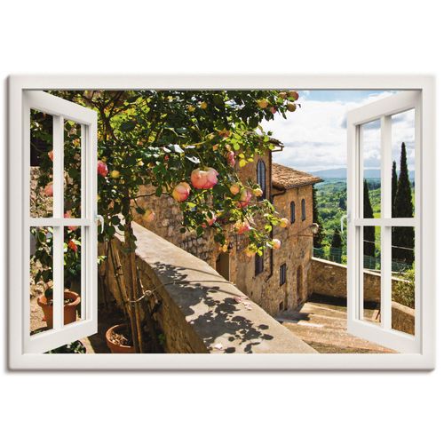 4057738334132 - Wandbild ARTLAND Fensterblick Rosen auf Balkon Toskana Bilder Gr B H 130 cm x 90 cm Leinwandbild Garten Querformat 1 St weiß Bild Leinwandbild Kunstdrucke Bilder als Alubild Leinwandbild Wandaufkleber oder Poster in versch Größen