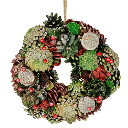4019844739270 - Kunstkranz IGEA Natur-Kranz mit echten Zapfen Lotus Perlen Beeren rot (burgund) B23cm H23cm L6cm Natur Kunstpflanzen Türkranz Tischkranz Adventsdeko Adventskranz Weihnachtsdeko