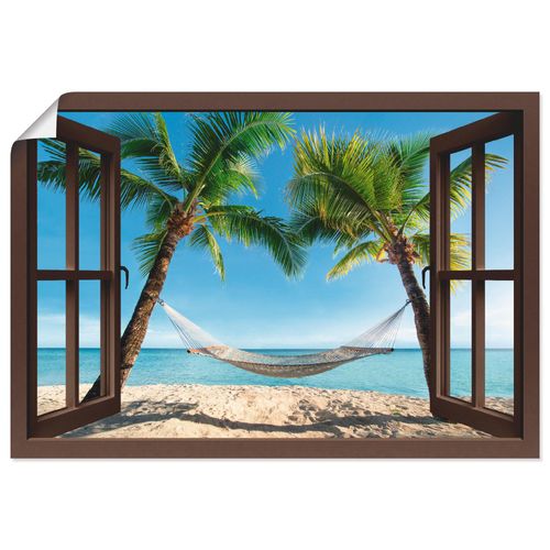 4057738335818 - Wandbild ARTLAND Fensterblick Palmenstrand Karibik Bilder Gr B H 130 cm x 90 cm Poster Amerika Querformat 1 St braun Bild Poster Bilder als Alubild Leinwandbild Wandaufkleber oder in versch Größen
