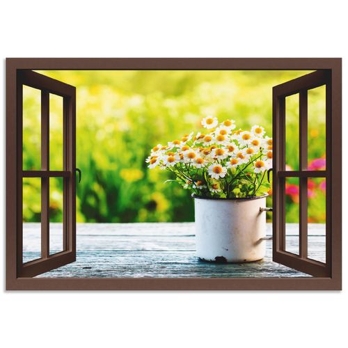 4057738381952 - Wandbild ARTLAND Fensterblick Garten mit Gänseblümchen Bilder Gr B H 70 cm x 50 cm Alu-Dibond-Druck Blumen Querformat 1 St braun Bild Poster Bilder als Alubild Leinwandbild Wandaufkleber oder in versch Größen