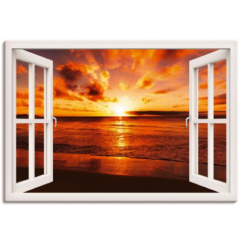 4055327351829 - Wandbild ARTLAND Fensterblick Sonnenuntergang am Strand Bilder Gr B H 100 cm x 70 cm Leinwandbild Fensterblick Querformat 1 St weiß Bild Poster Bilder als Leinwandbild Wandaufkleber oder in versch Größen