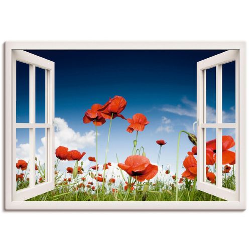 4055327351621 - Wandbild ARTLAND Fensterblick Feld mit Mohnblumen Bilder Gr B H 100 cm x 70 cm Leinwandbild Fensterblick Querformat 1 St weiß Bild Poster Bilder als Leinwandbild Wandaufkleber oder in versch Größen