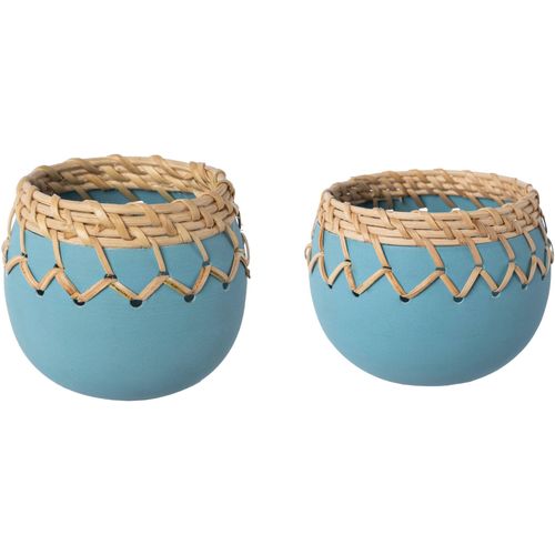 4064118142621 - Übertopf CREATIV HOME Übertopf mit Sisalverzierung blau (aqua) H7cm Ø8cm Metall Pflanzgefäße