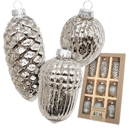 0024762243307 - Christbaumschmuck KREBS GLAS LAUSCHA Antikes Glas Nüsse & Zapfen silber B20cm H5cm T33cm Glas Weihnachtsbaumschmuck Christbaumschmuck aus Glas mundgeblasen handgefertigt Zapfen