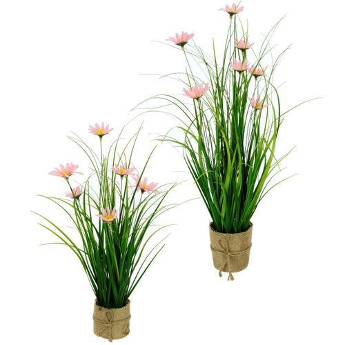 4019844753900 - Kunstgras IGEA Gasbusch Kunstpflanzen Gr 2 St rosa (hellrosa) Kunstgras Kunst-Gräser Kunstpflanzen mit Margeritenblüten und Band in Jutetopf 2er Set