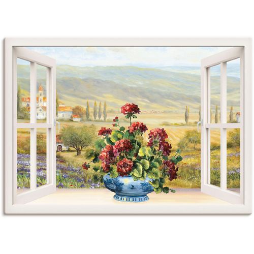 4059745795623 - Leinwandbild ARTLAND Blumenbouquet am weißen Fenster Bilder Gr B H 100 cm x 70 cm Leinwandbild Fensterblick Querformat 1 St weiß Leinwandbilder auf Keilrahmen gespannt