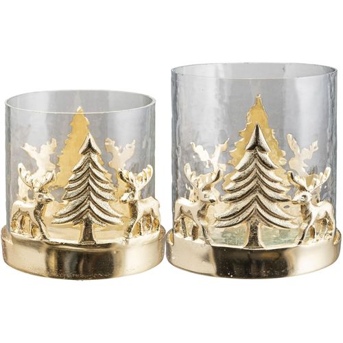 4064118178934 - Windlicht CREATIV HOME Kerzenhalter Weihnachtslandschaft mit Baum und Reh gold (goldfarben) H15cm Ø13cm Glas Aluminium Kerzenhalter Teelichthalter Weihnachtsdeko mit Hirsch und Tanne Höhe 10 + 15 cm