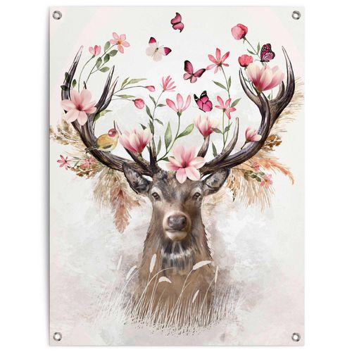 8714597638332 - Poster REINDERS Hirsch in Blumen rosa (farbe bild(er) rosa) B60cm H80cm T01cm Leinwand Bilder Outdoor für Garten oder Balkon