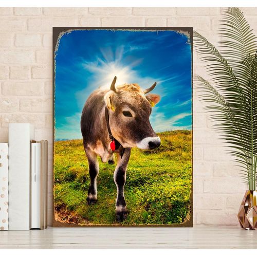 4067437341546 - Metallbild QUEENCE Alpen Kuh Bilder Gr B H 30 cm x 45 cm Metallbild Schriftzüge Hochformat 1 St blau Metallbilder Stahlschilder