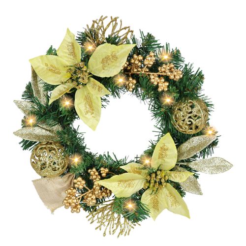 4019844800772 - Kunstkranz IGEA Dekorierter Weihnachtskranz mit LED-Licht gold B30cm H30cm L8cm Kunststoff Kunstpflanzen Mit Poinsettia Beeren Tanne Zweige Christbaumkugeln Kranz Adventskranz