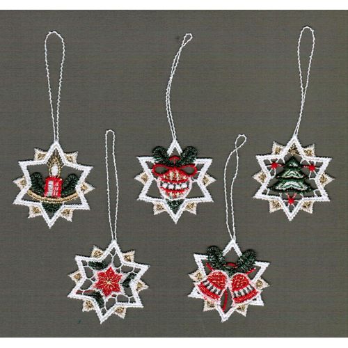 4028298305818 - Dekohänger STICKEREIEN PLAUEN Sterne Gr B H 5 cm x 5 cm bunt (goldfarben rot grün) Weihnachtsdekoanhänger Dekohänger Baumbehang Sterne aus Spitze