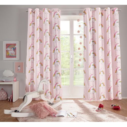 8966110122105 - Gardine LÜTTENHÜTT EINHORN Gr 2 pink B135cm H175cm Polyester Baumwolle Gardinen Kindergardine Einhorn Regenbogen einseitig bedruckt