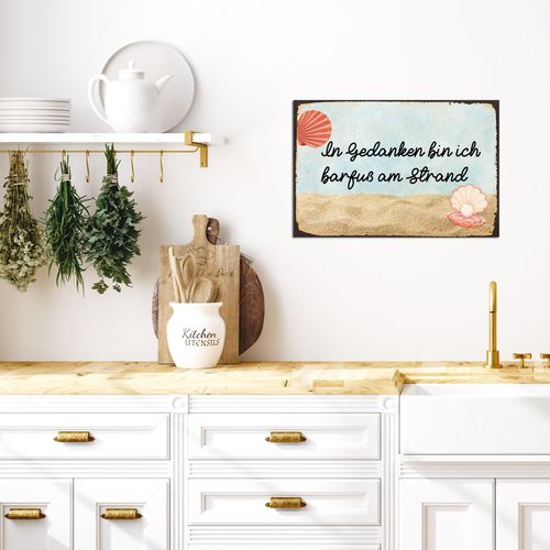 4067437341447 - Metallbild QUEENCE Gedanklich am Strand Bilder Gr B H 45 cm x 30 cm Metallbild Schriftzüge Querformat 1 St beige Metallbilder Stahlschilder