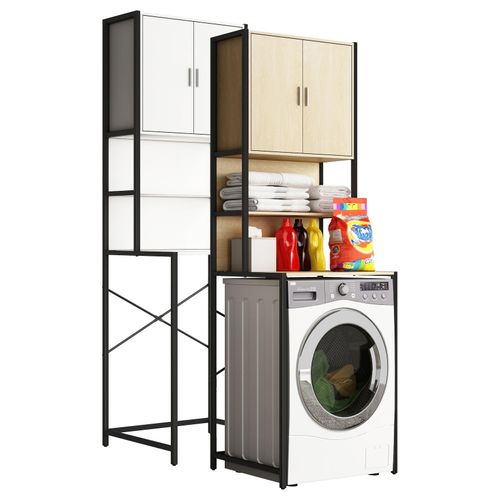4051814436741 - Metall Überbauschrank Waschmaschine Maße  189 x B 64 x T 48 cm Seitenteile aus Metall Korpus und Rückwand aus Holz 1 große und 2 kleine Ablagen 2 Drehtüren - Edino