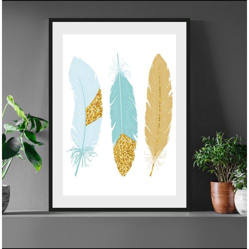 4049009896852 - Bild QUEENCE Nele Bilder Gr B H 30 cm x 40 cm Wandbild Federn Hochformat blau (gold hellblau) Kunstdrucke gerahmt Federn