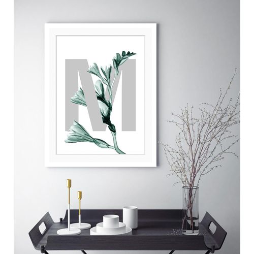 4049009913313 - Bild QUEENCE M-Flower Bilder Gr B H 40 cm x 50 cm Wandbild Buchstaben Hochformat grün (grau dunkelgrün) Kunstdrucke Blume gerahmt Blätter