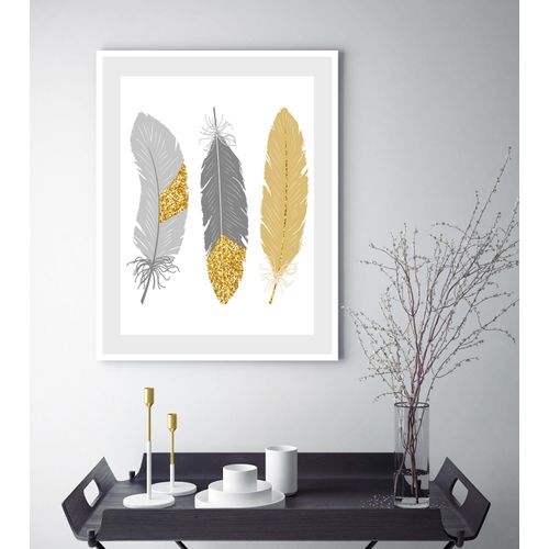 4049009896999 - Bild QUEENCE Nathalia Bilder Gr B H 30 cm x 40 cm Wandbild Federn Hochformat grau (grau gold) Kunstdrucke gerahmt Federn