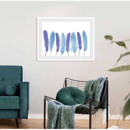 4049009915768 - Bild QUEENCE Bello Bilder Gr B H 40 cm x 30 cm Wandbild Federn Querformat blau (blau lila) Kunstdrucke gerahmt Federn