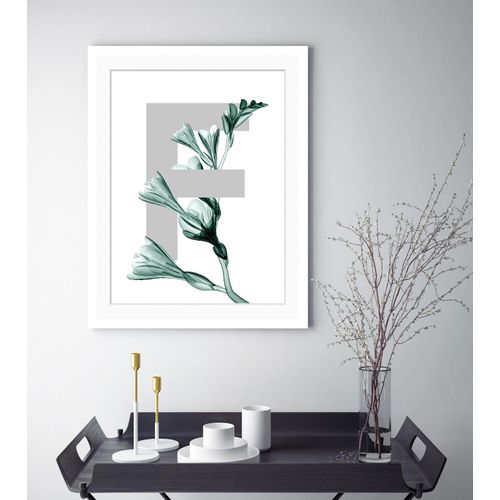 4049009900498 - Bild QUEENCE F-Flower Bilder Gr B H 30 cm x 40 cm Wandbild Buchstaben Hochformat grau (dunkelgrün grau) Kunstdrucke gerahmt Blume Blätter