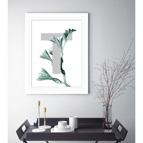 4049009913245 - Bild QUEENCE T-Flower Bilder Gr B H 30 cm x 40 cm Wandbild Buchstaben Hochformat grau (dunkelgrün grau) Kunstdrucke gerahmt Blume Blätter