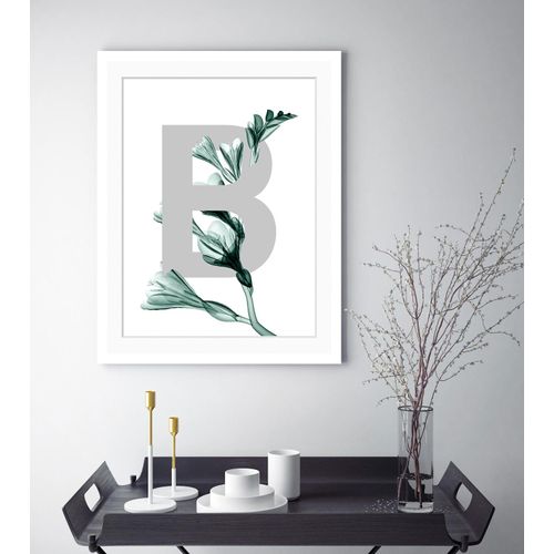 4049009900443 - Bild QUEENCE B-Flower Bilder Gr B H 50 cm x 60 cm Wandbild Buchstaben Hochformat grau (dunkelgrün grau) Kunstdrucke gerahmt Blätter Blume