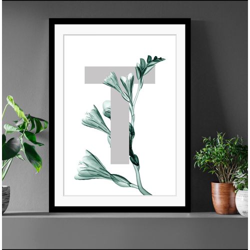 4049009913221 - Bild QUEENCE T-Flower Bilder Gr B H 40 cm x 50 cm Wandbild Buchstaben Hochformat grau (dunkelgrün grau) Kunstdrucke gerahmt Blume Blätter