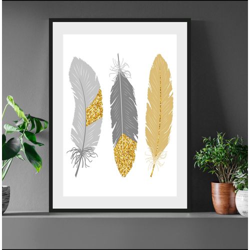 4049009896968 - Bild QUEENCE Nathalia Bilder Gr B H 30 cm x 40 cm Wandbild Federn Hochformat grau (grau gold) Kunstdrucke gerahmt Federn