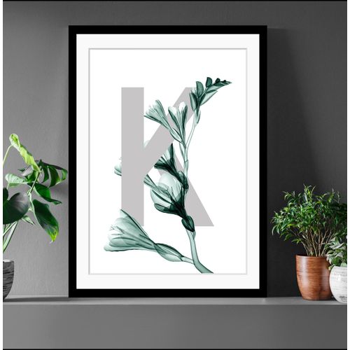 4049009900580 - Bild QUEENCE K-Flower Bilder Gr B H 30 cm x 40 cm Wandbild Buchstaben Hochformat grün (grau dunkelgrün) Kunstdrucke Blume gerahmt Blätter