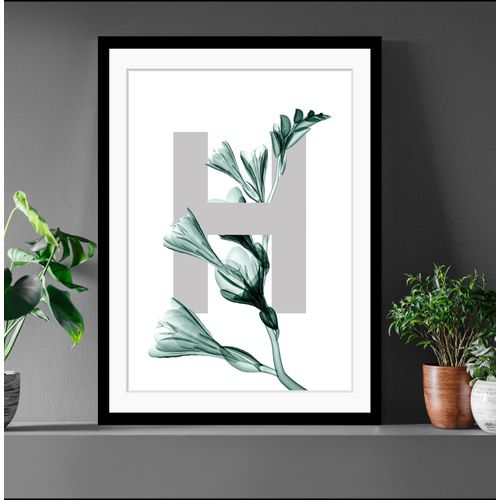 4049009900528 - Bild QUEENCE H-Flower Bilder Gr B H 30 cm x 40 cm Wandbild Buchstaben Hochformat grau (dunkelgrün grau) Kunstdrucke Blätter gerahmt Blume