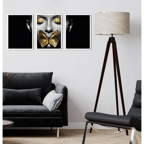 4067437736458 - Bild mit Rahmen Gesicht Schmetterling Gold - Gerahmter Digitaldruck Wandbild Bilder Gr B H 30 cm x 40 cm Wandbild-Set Hochformat goldfarben (gold) Bilder mit Rahmen 3x 30x40 cm - Holzrahmen Dekoration Weißer Triptychon