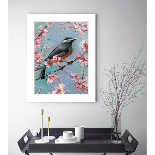 4049009897316 - Bild QUEENCE Mona Bilder Gr B H 30 cm x 40 cm Wandbild Vögel Hochformat blau (blau rosa) Kunstdrucke gerahmt Blumen